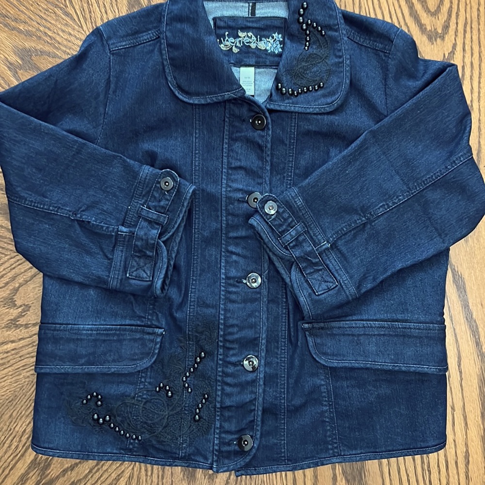 Lane Bryant Dark Wash Blue Stretch Jean Jacket with Embroidery Size 14/16 - Picture 2 of 13